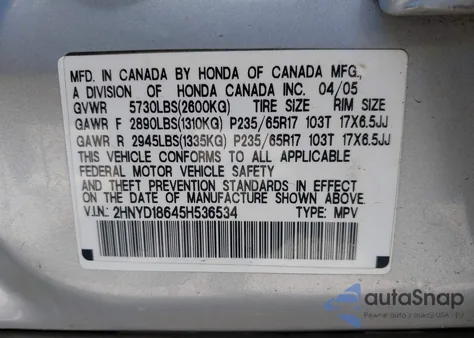 2005 Acura Mdx z USA, uszkodzony, nr VIN 2HNYD18645H536534
